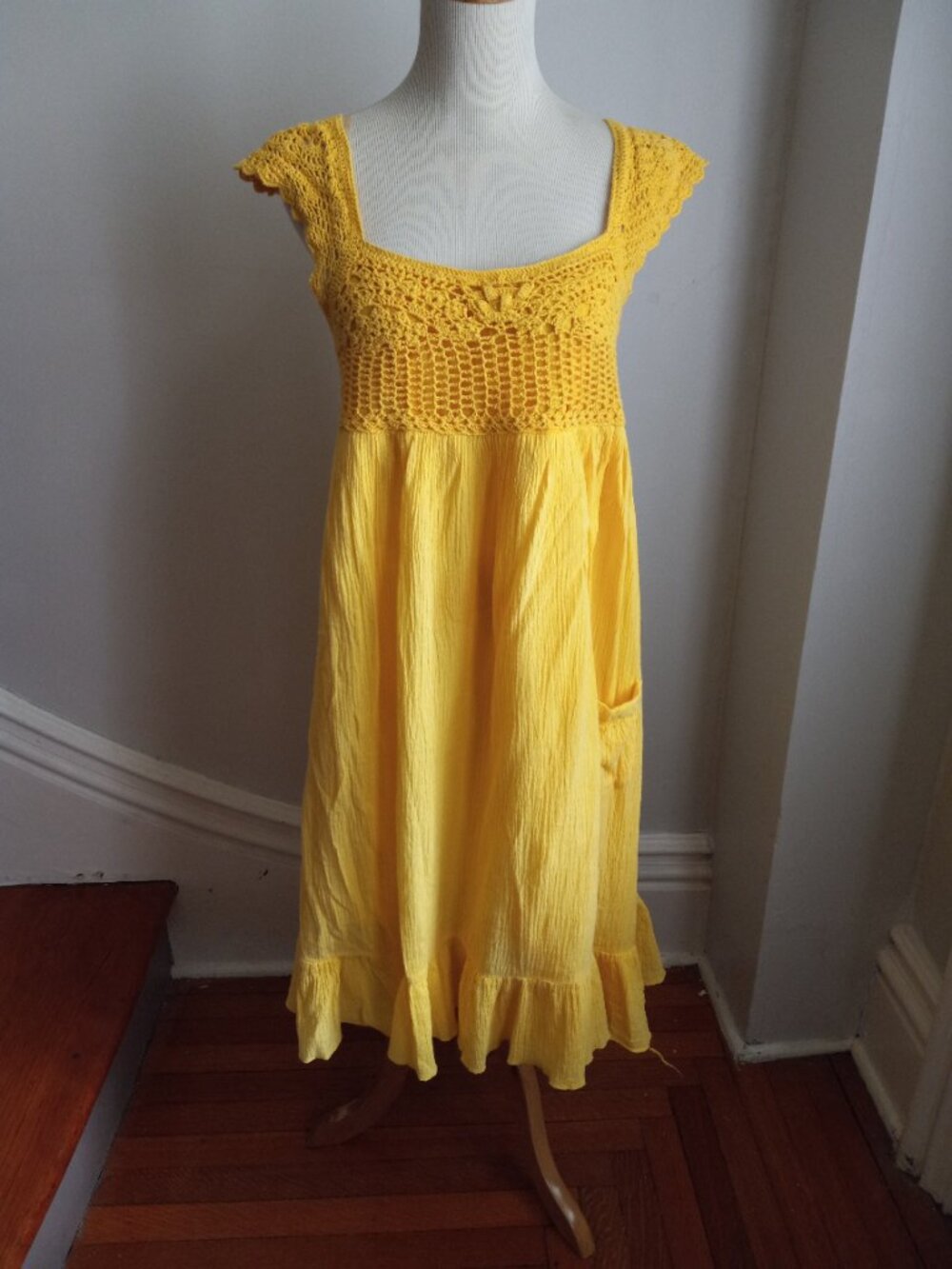 VINTAGE 70S CANDIE'S YELLOW COTTON GAUZE CROCHET DRESS XL L - Picture 1 of 5